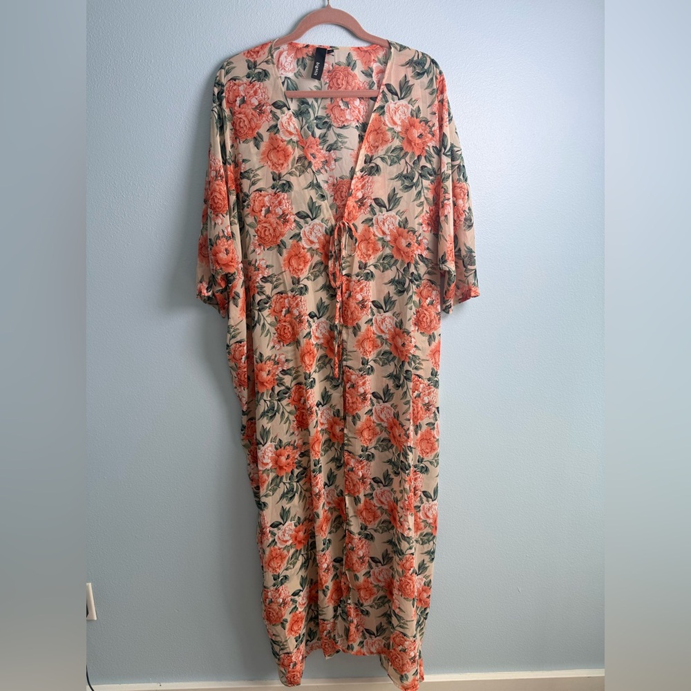 Bright Floral Coral & Green Kimono